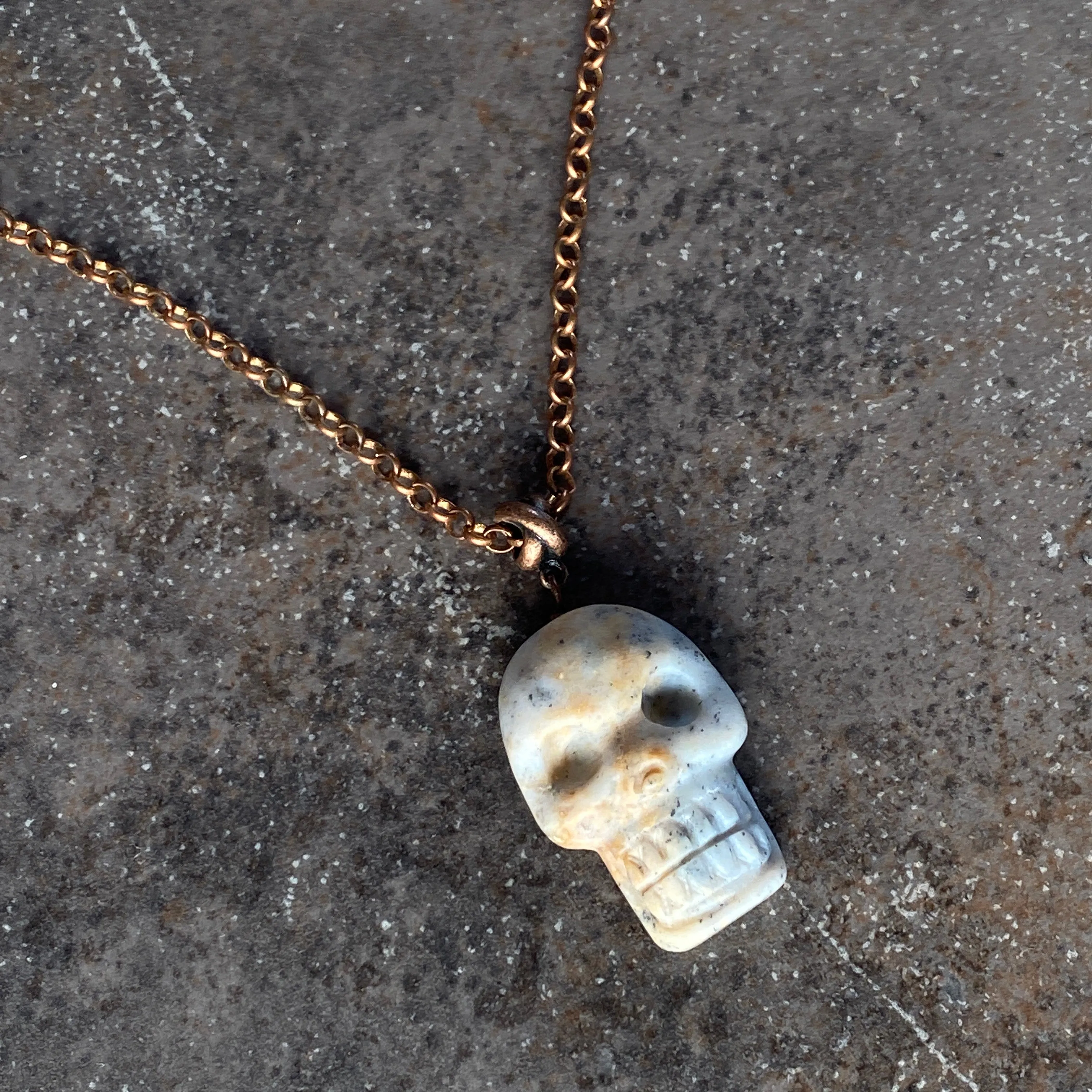 Ice Agate gemstone Skull on Copper chain necklace