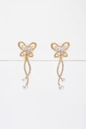 Isla Butterfly Bow Rhinestone Pearl Dangle Earrings - Gold