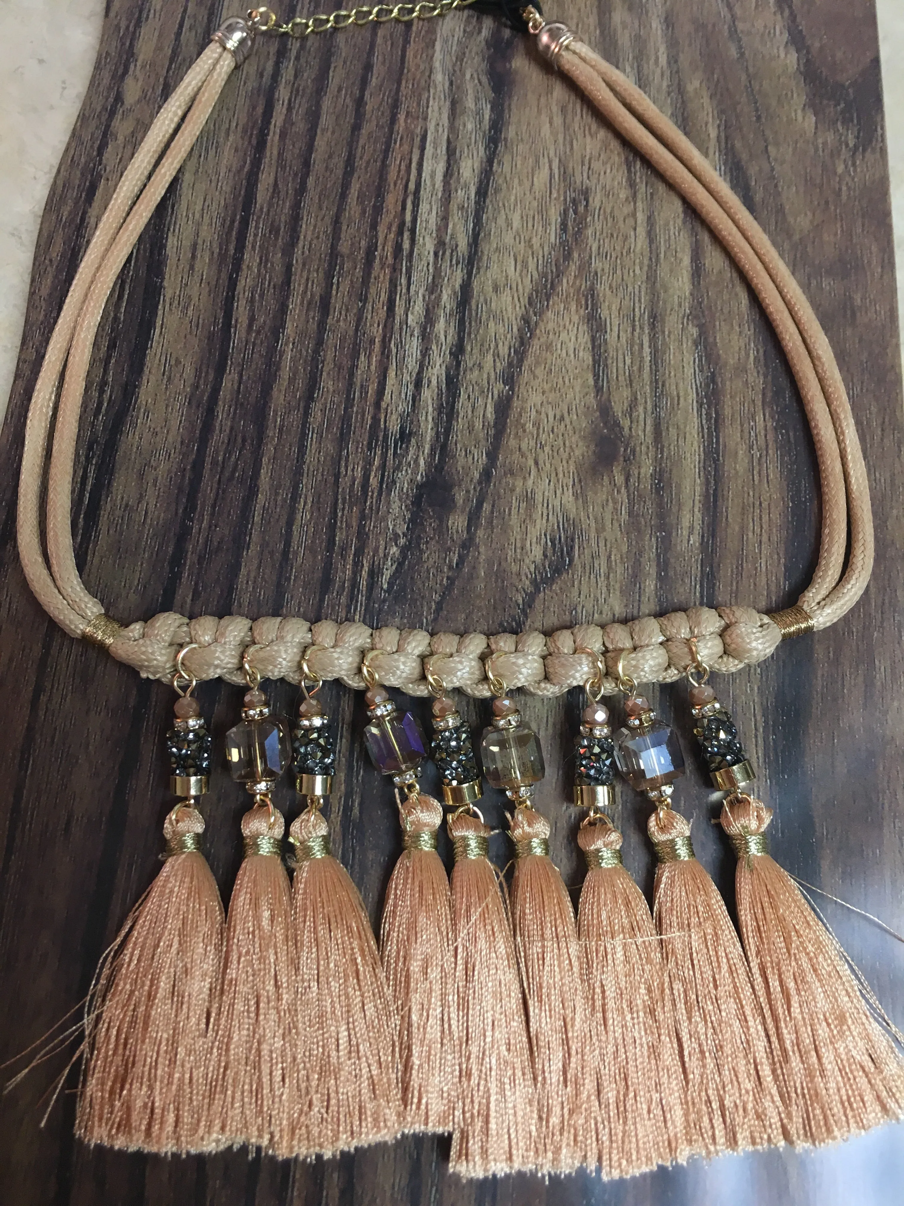 IVORY CORD CHOKER WITH RHINESTONES AND TASSELS