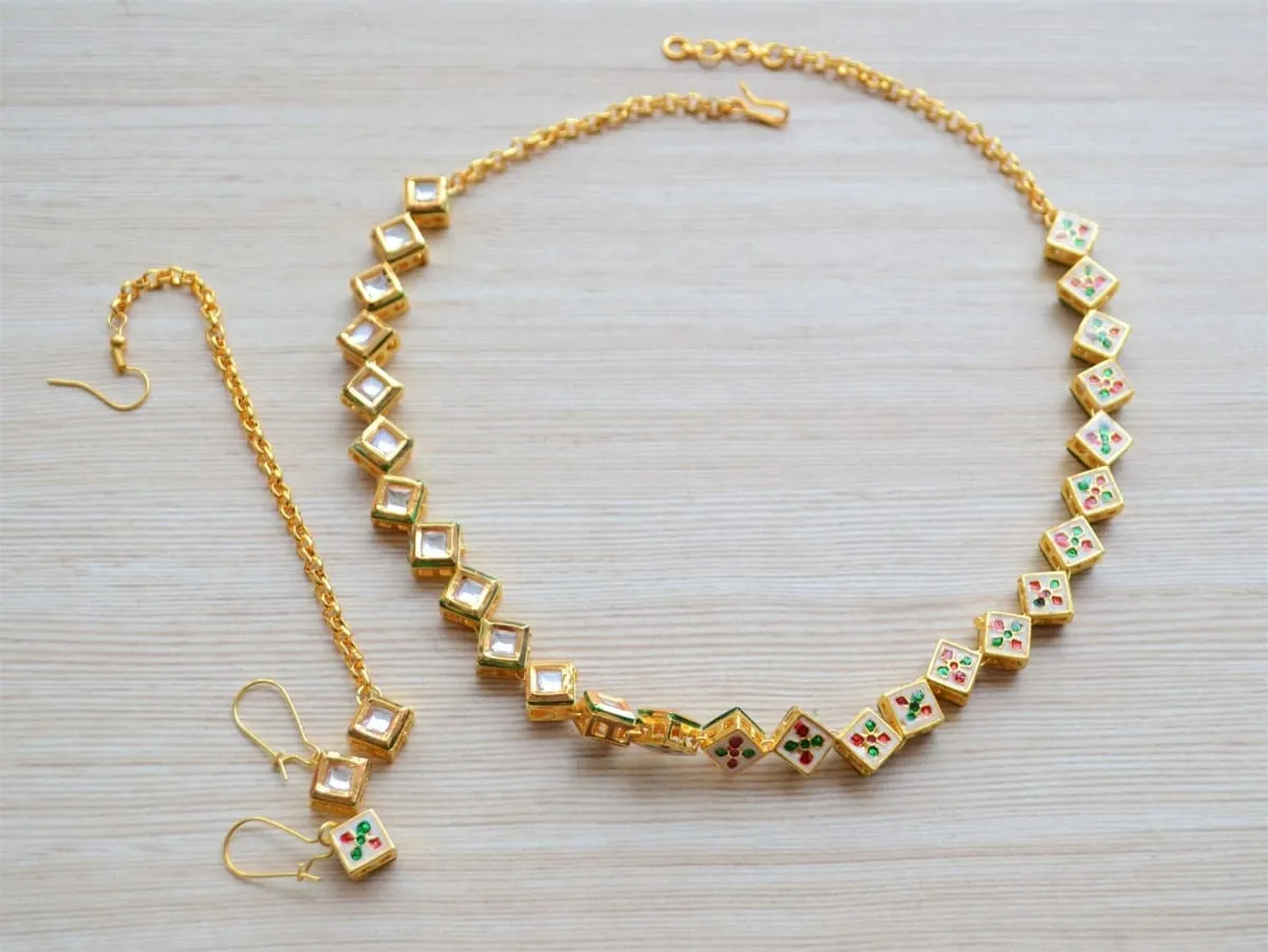 Kundan Necklace Jewelry Set, Rajasthani Jaipur Polki Jewelry, Princess Cut Square Stones Jewelry