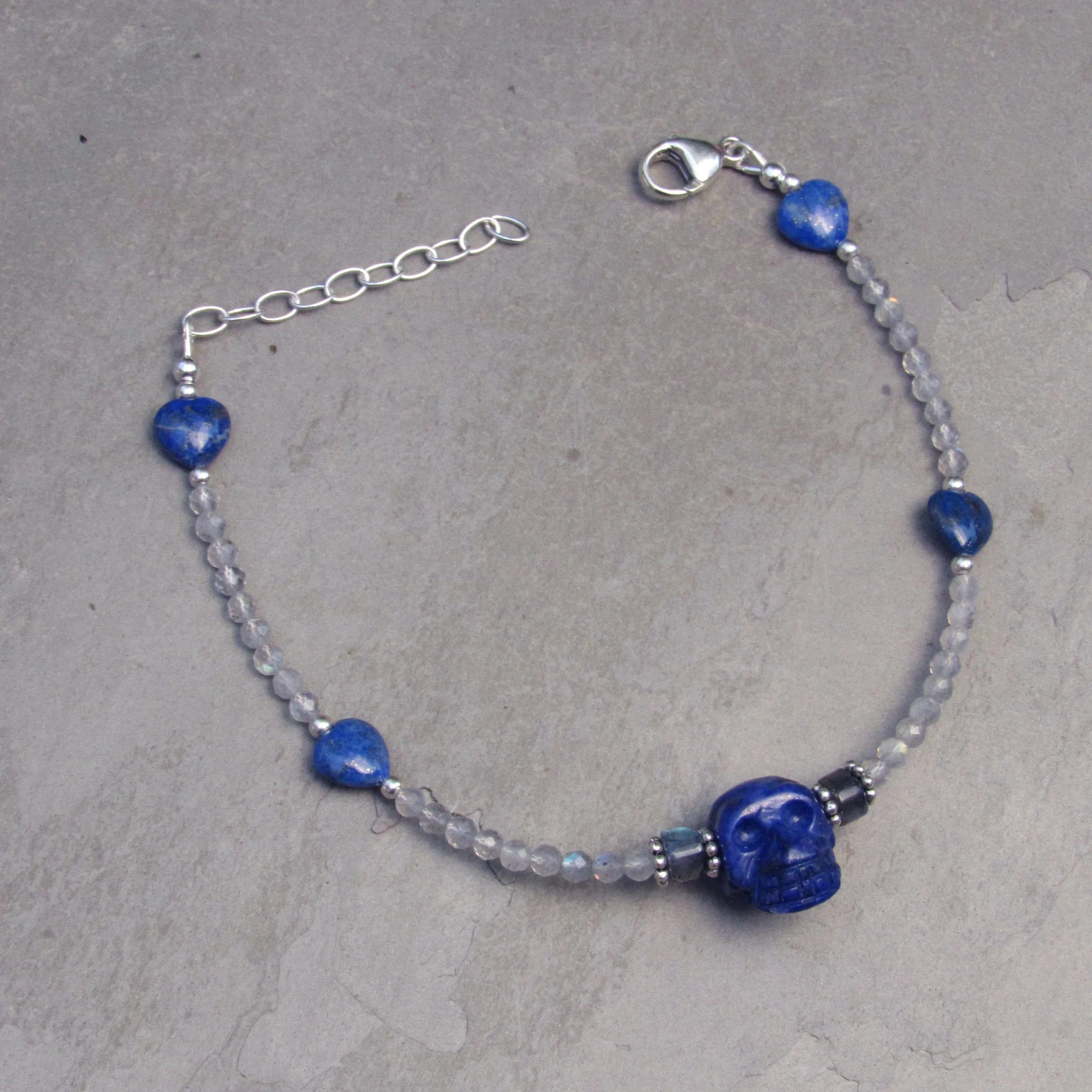 Lapis lazuli gemstone anklet with Labradorite, and Sterling Silver