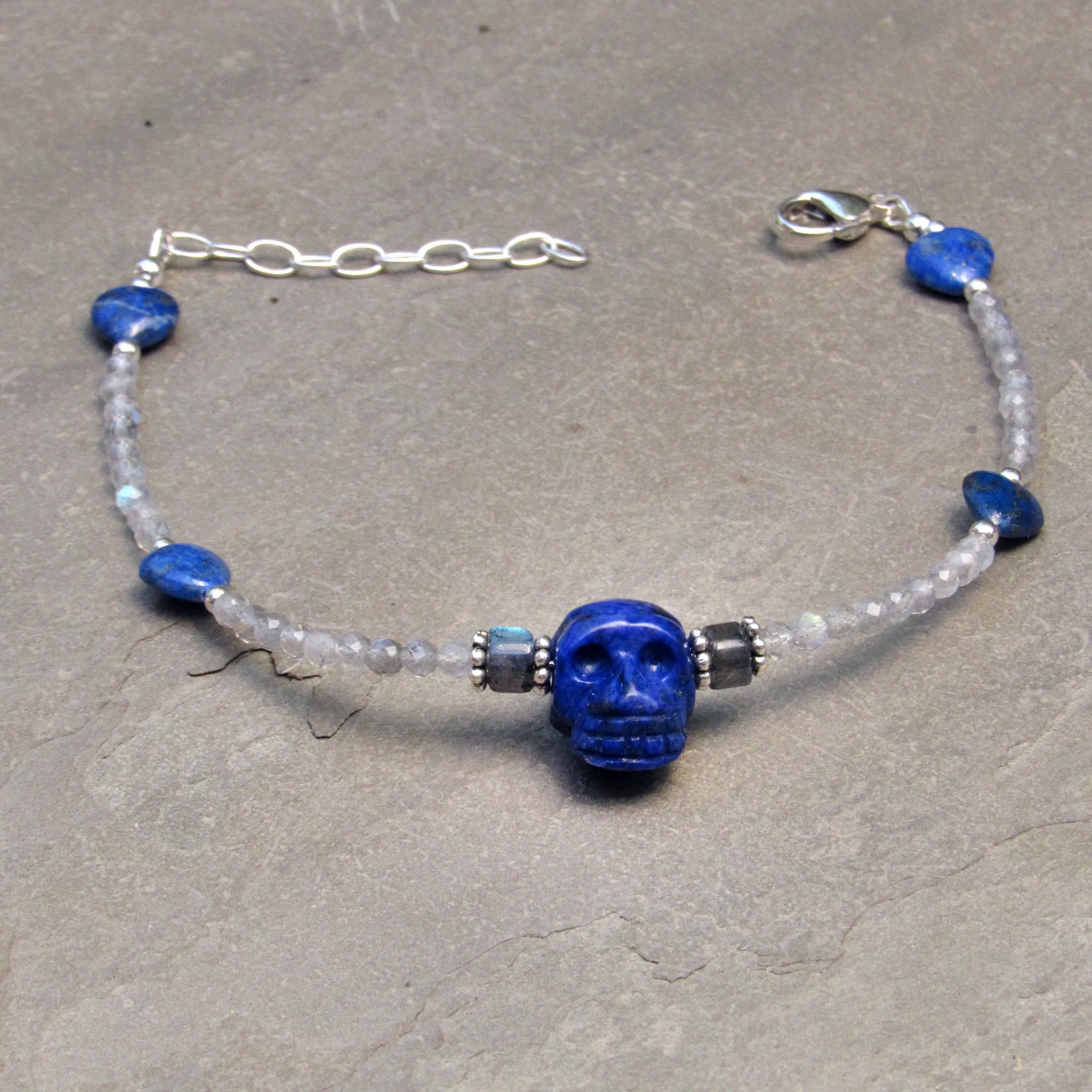 Lapis lazuli gemstone anklet with Labradorite, and Sterling Silver