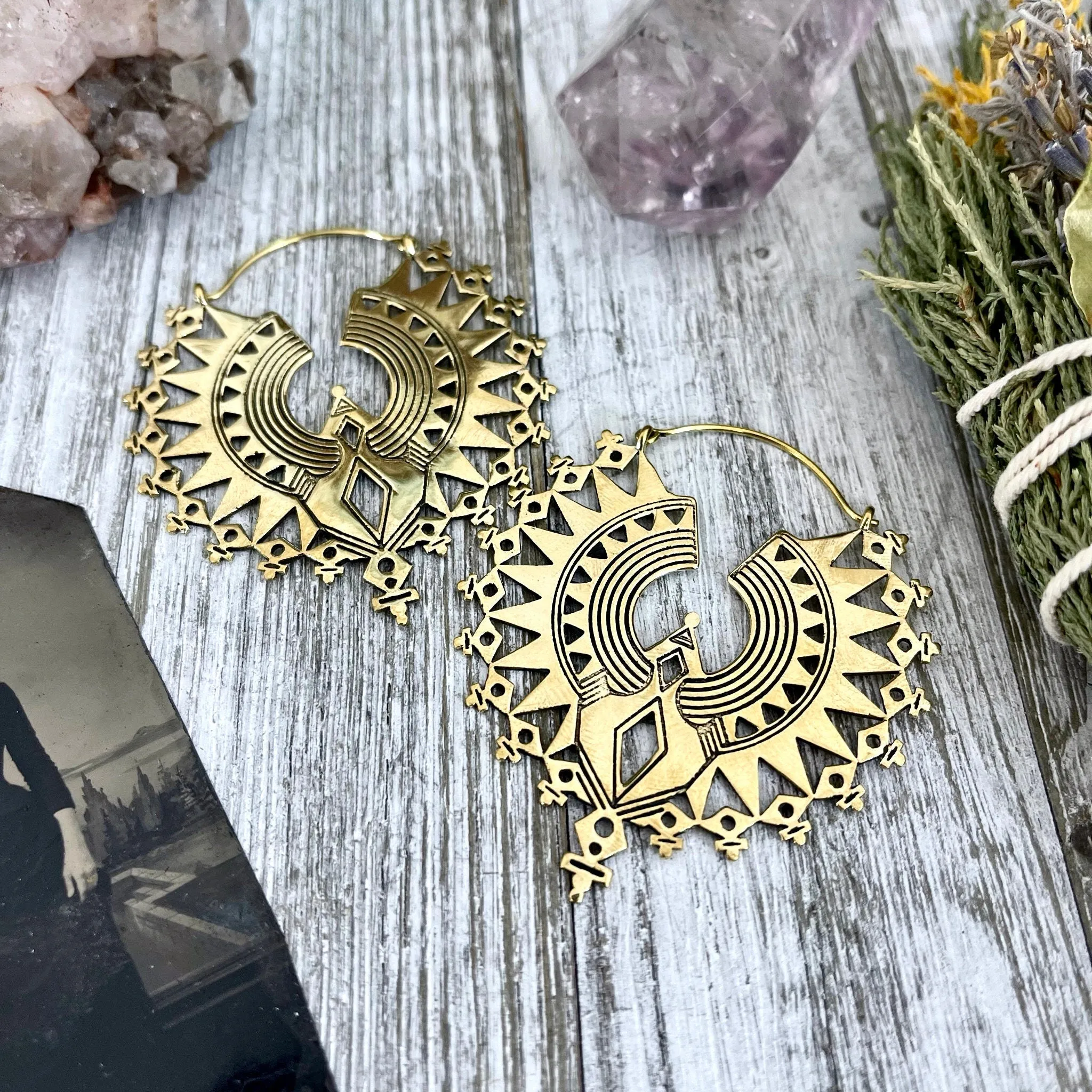 Large Brass Decorated Hoop Earrings