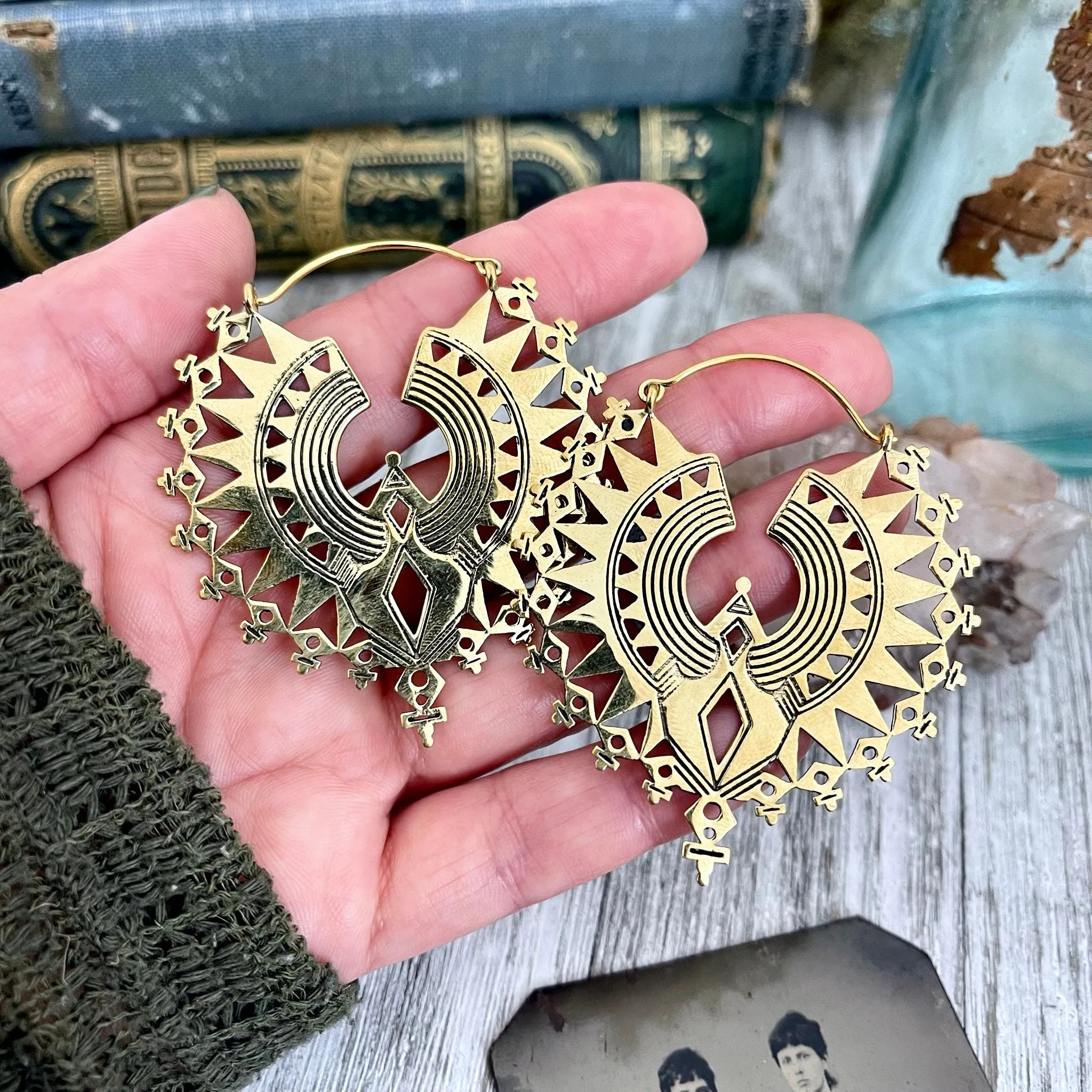 Large Brass Decorated Hoop Earrings