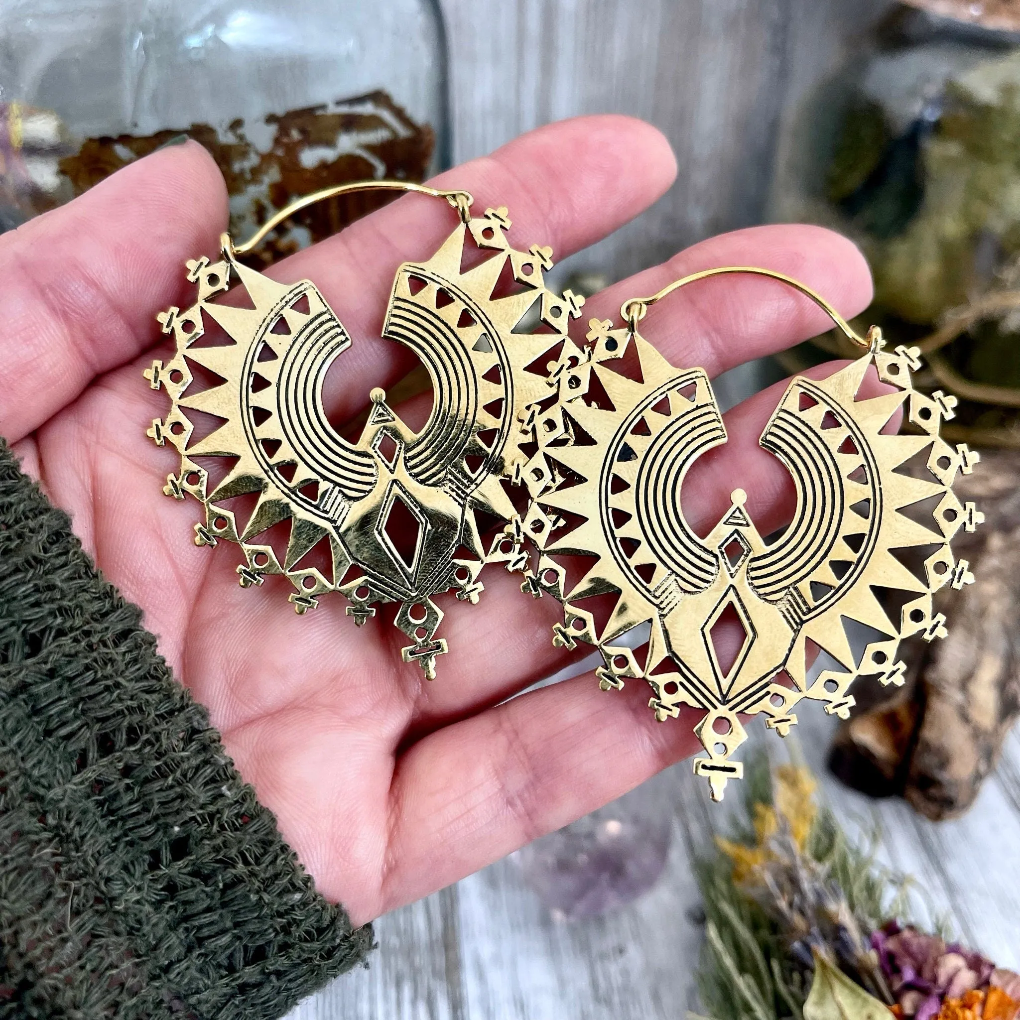 Large Brass Decorated Hoop Earrings