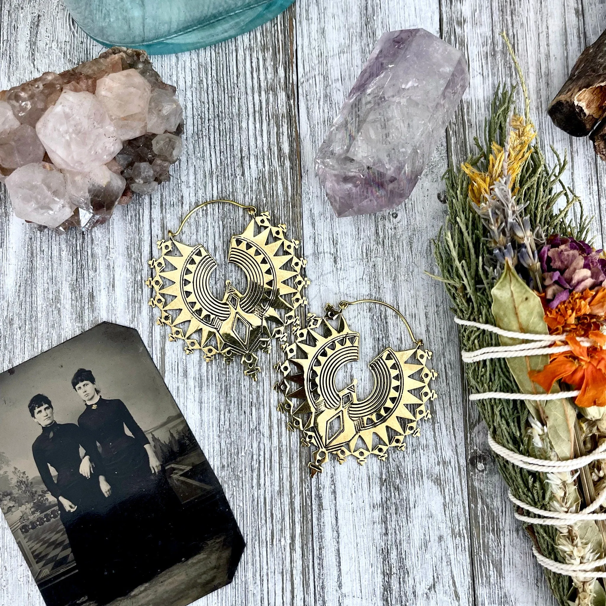 Large Brass Decorated Hoop Earrings