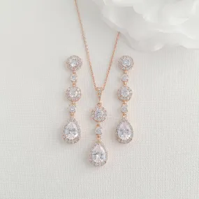 Long Bridal Earrings with Long Drop Pendant Necklace Set-Reagan