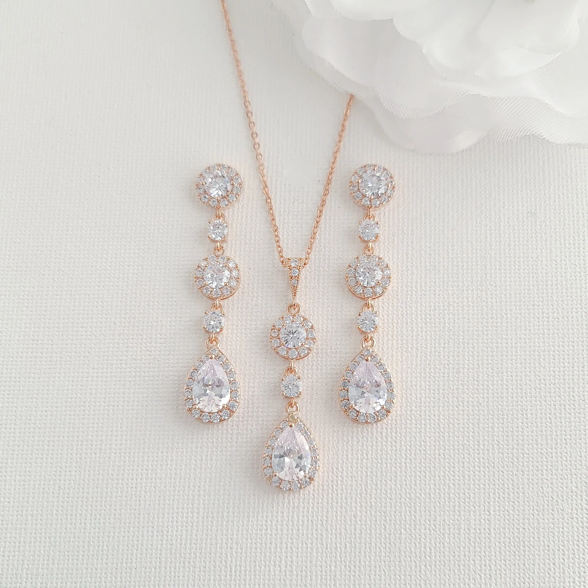 Long Bridal Earrings with Long Drop Pendant Necklace Set-Reagan