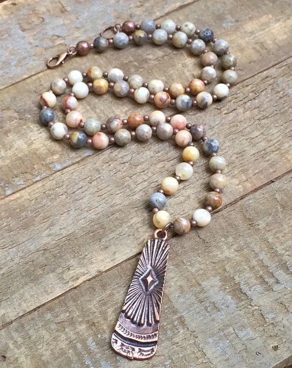 Long Stone Necklace, Bohemian Jewelry, Boho Necklace, Copper Pendant Necklace, Boho Jewelry