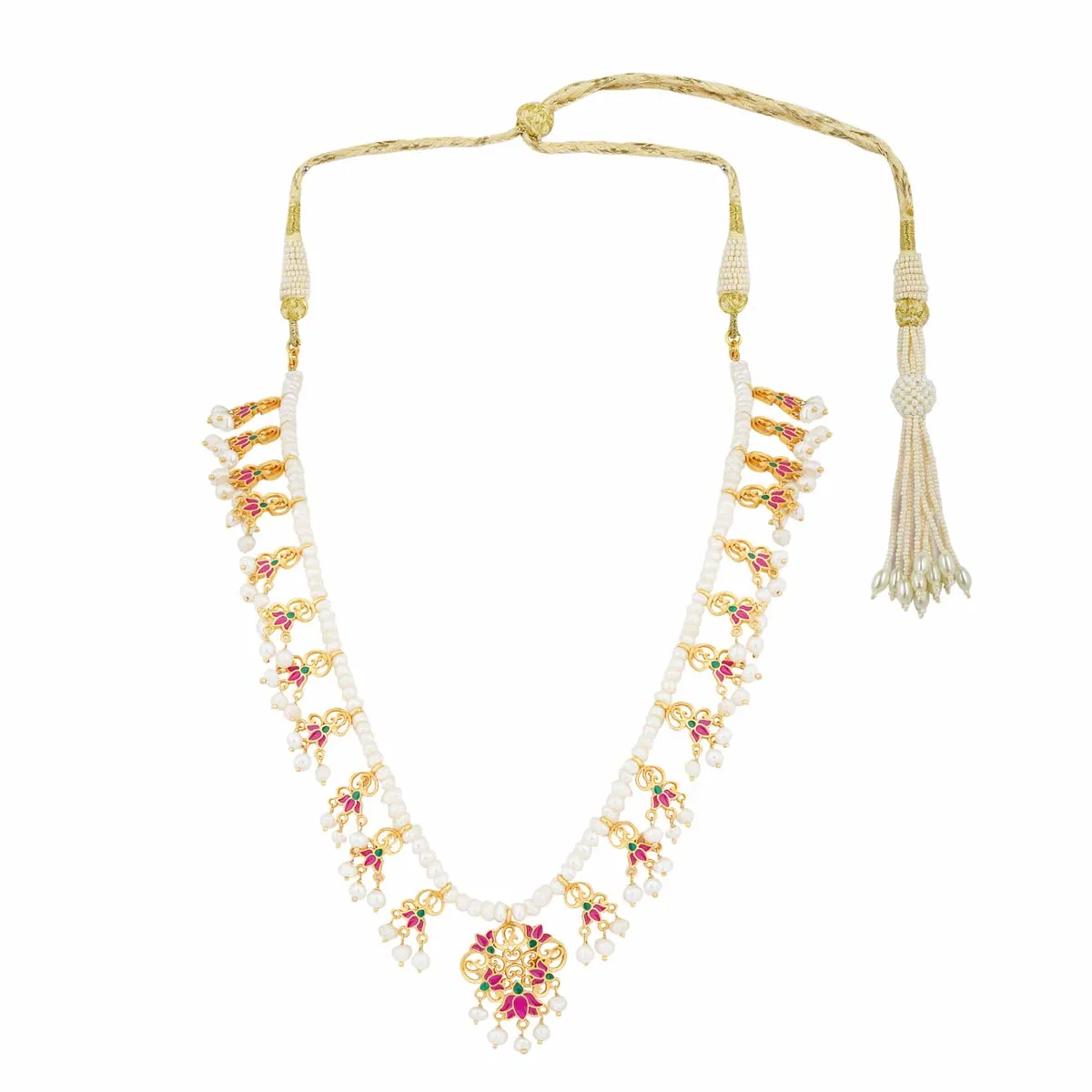 Lotus Drops Pearl Necklace in Pink Enamel