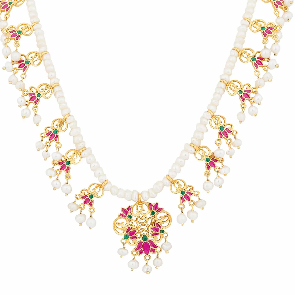 Lotus Drops Pearl Necklace in Pink Enamel