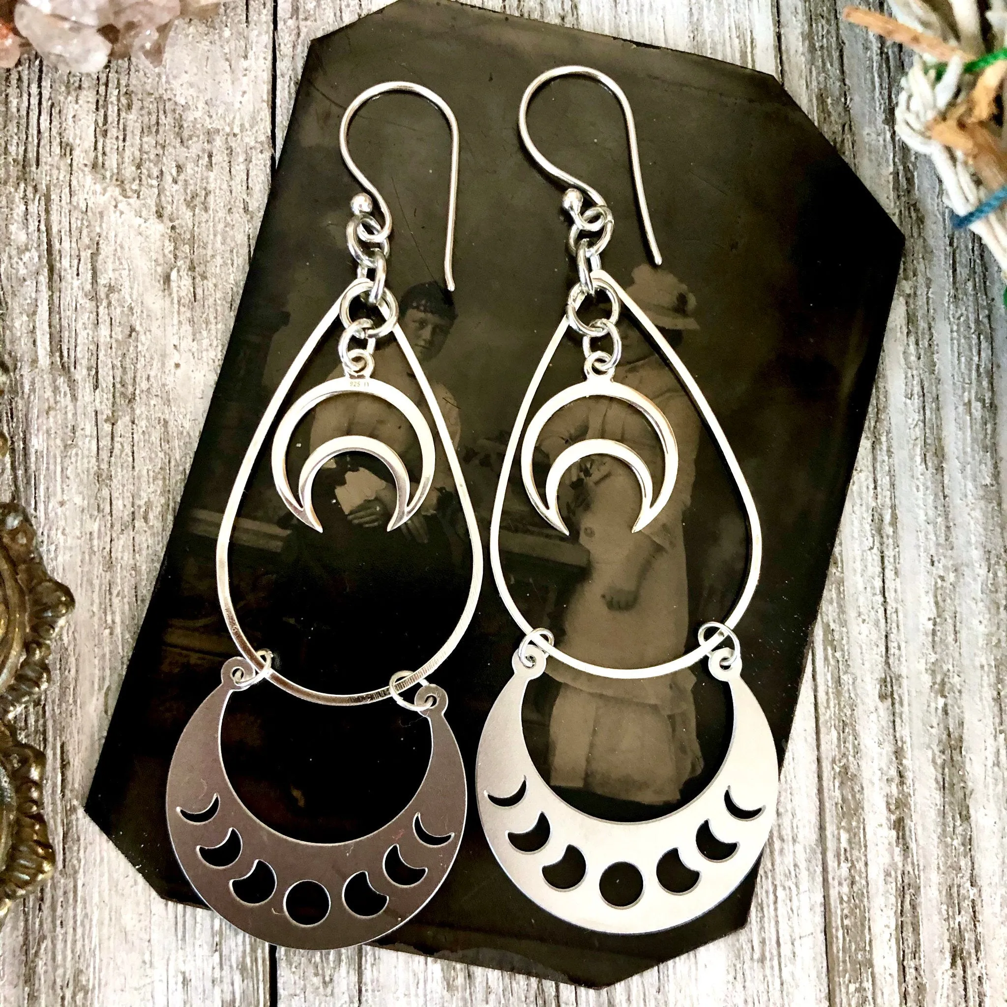 Moon Phase Sterling Silver & Stainless Steel Earrings / Crescent Moon Long Dangly Geometric Earrings