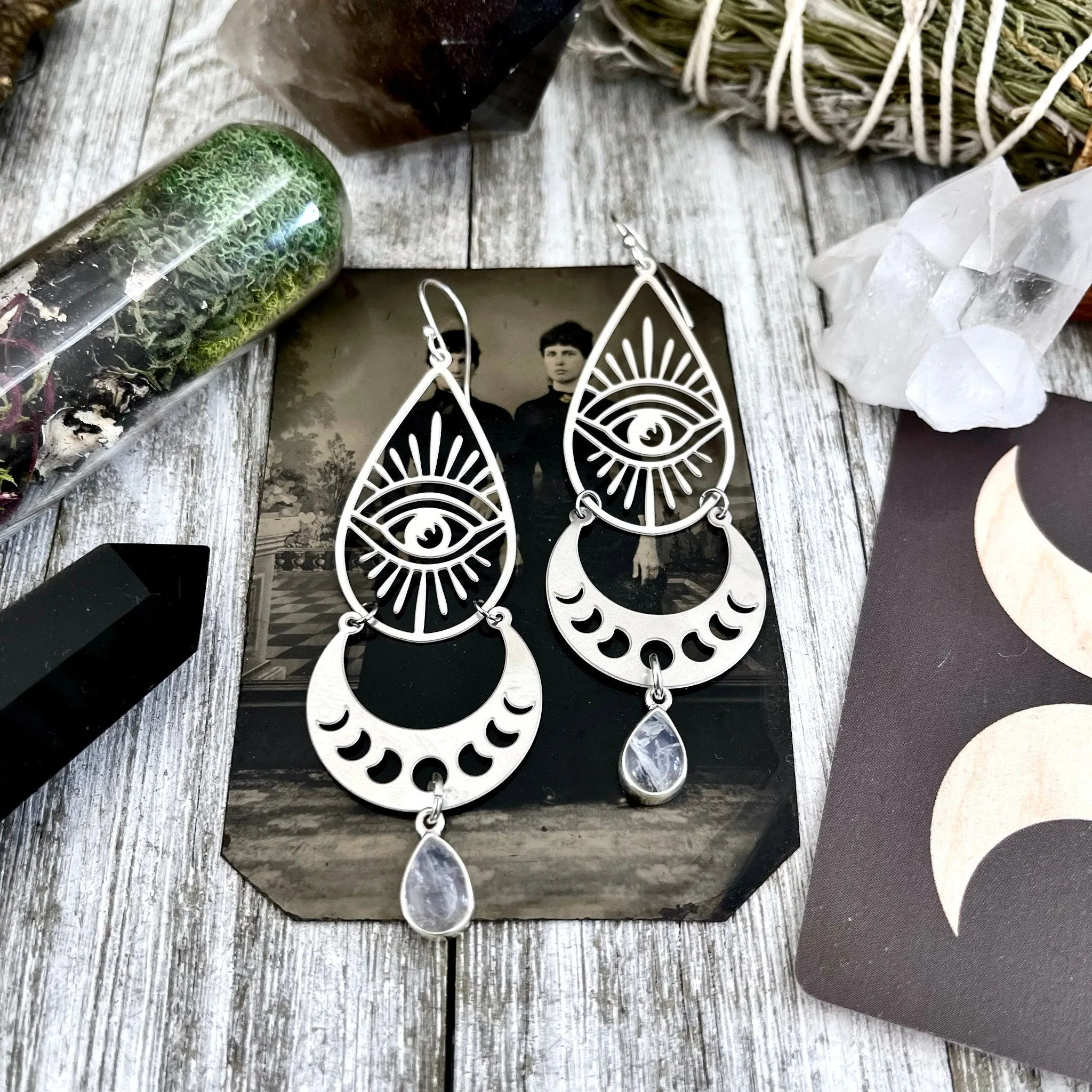 Moon Phases and Eye with Rainbow Moonstone Earrings Sterling Silver & Stainless Steel Earrings /  Moon Earrings  - Dangly Geometric Earrings