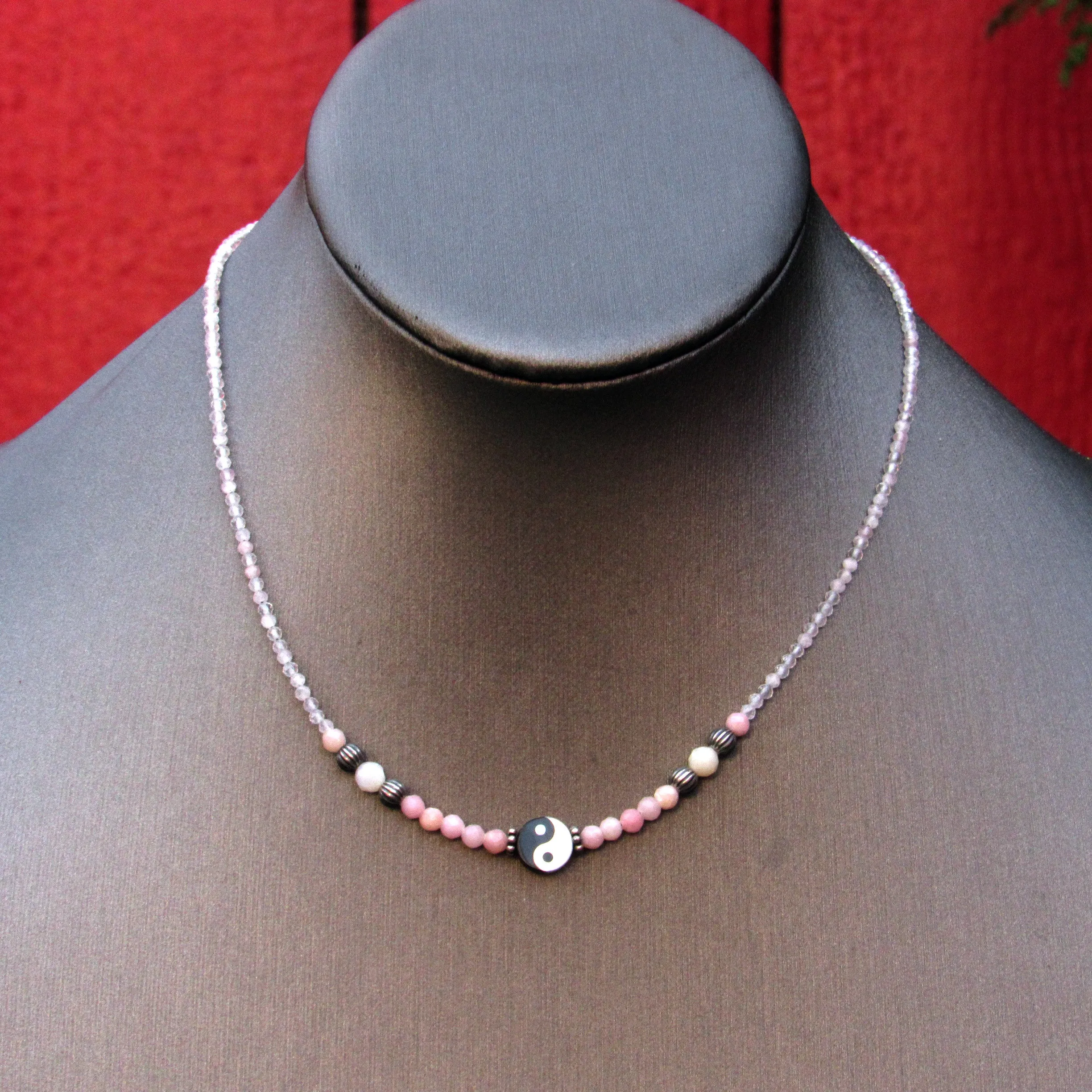 Mother of Pearl, pink Opals, and Oxidized Sterling Silver Choker