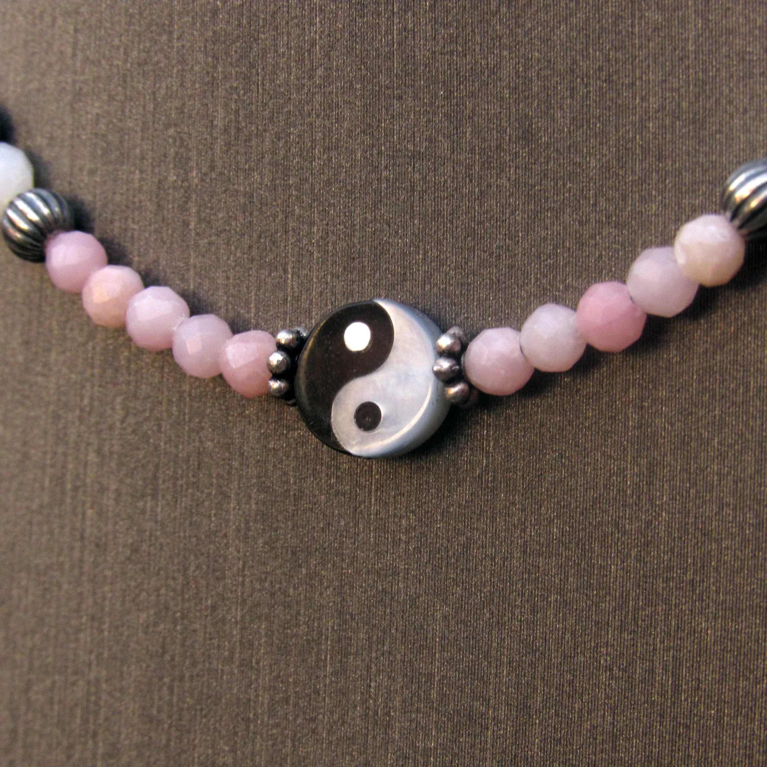 Mother of Pearl, pink Opals, and Oxidized Sterling Silver Choker