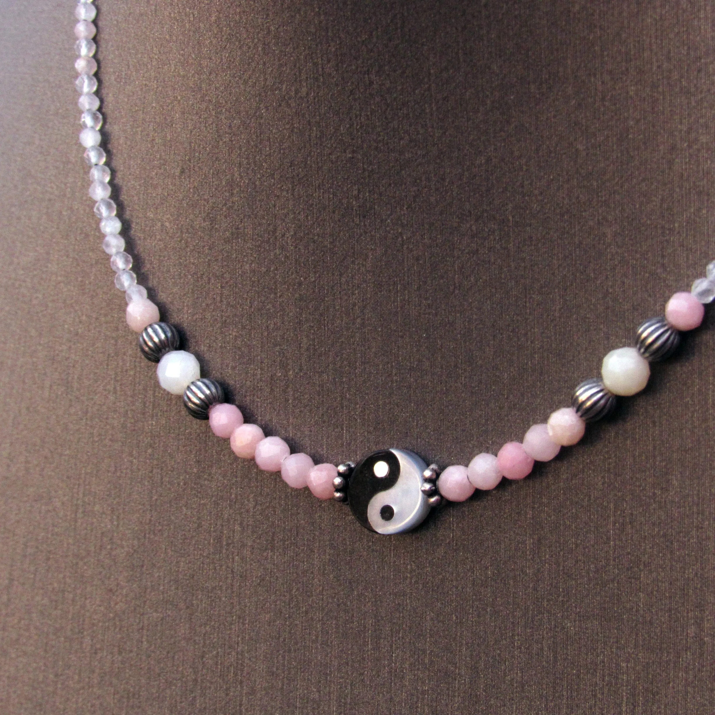 Mother of Pearl, pink Opals, and Oxidized Sterling Silver Choker