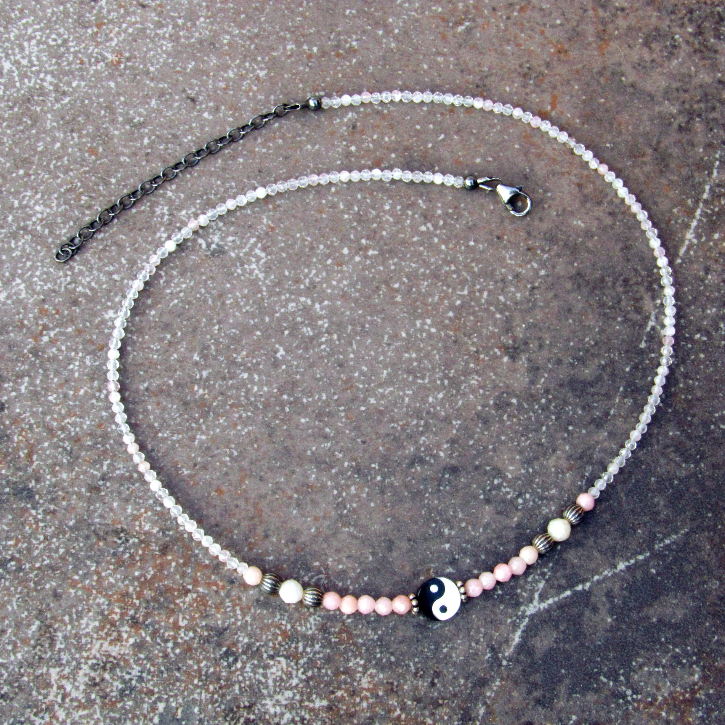 Mother of Pearl, pink Opals, and Oxidized Sterling Silver Choker