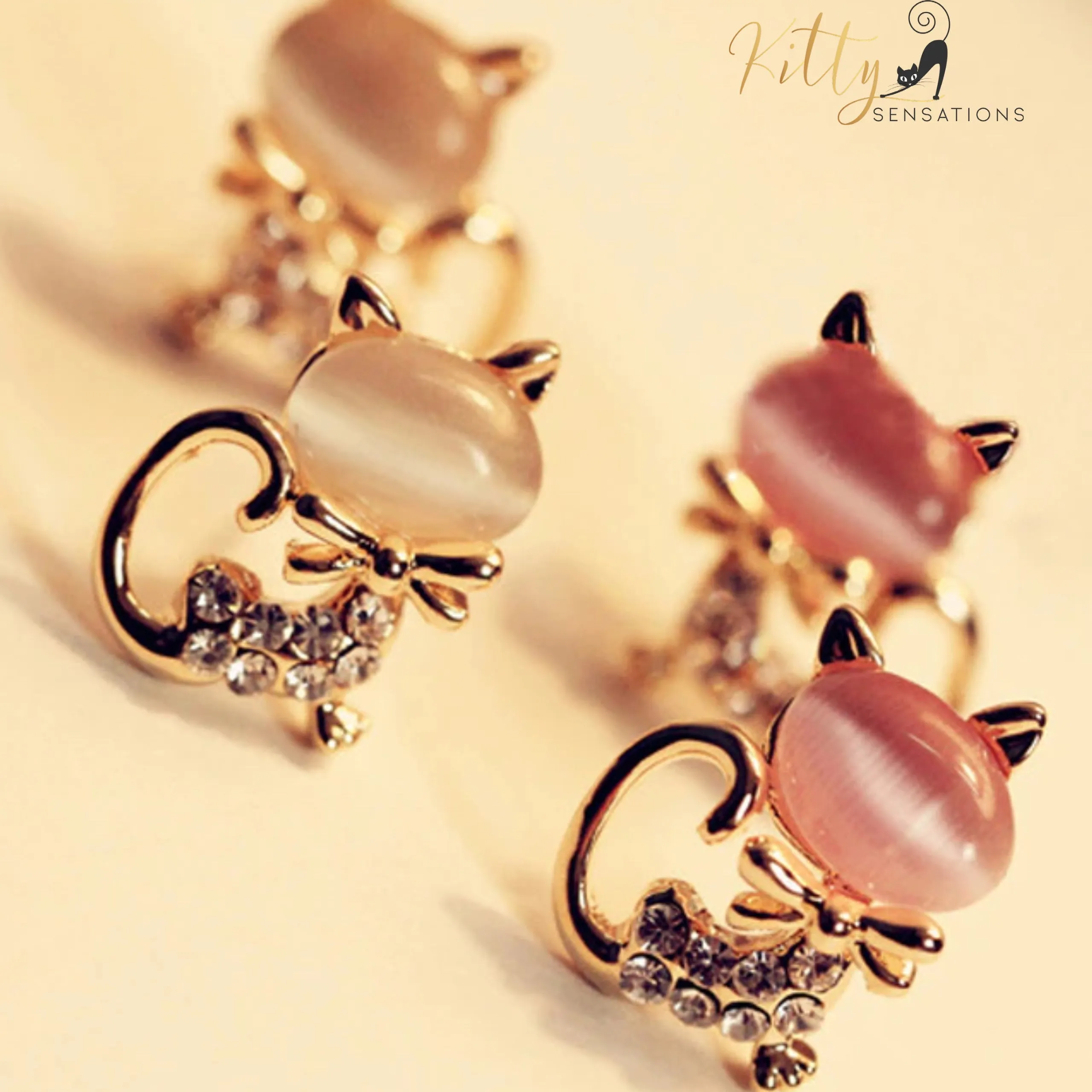 Natural Opal Bow Cat CZ Stud Earrings (White or Pink)