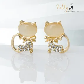 Natural Opal Bow Cat CZ Stud Earrings (White or Pink)