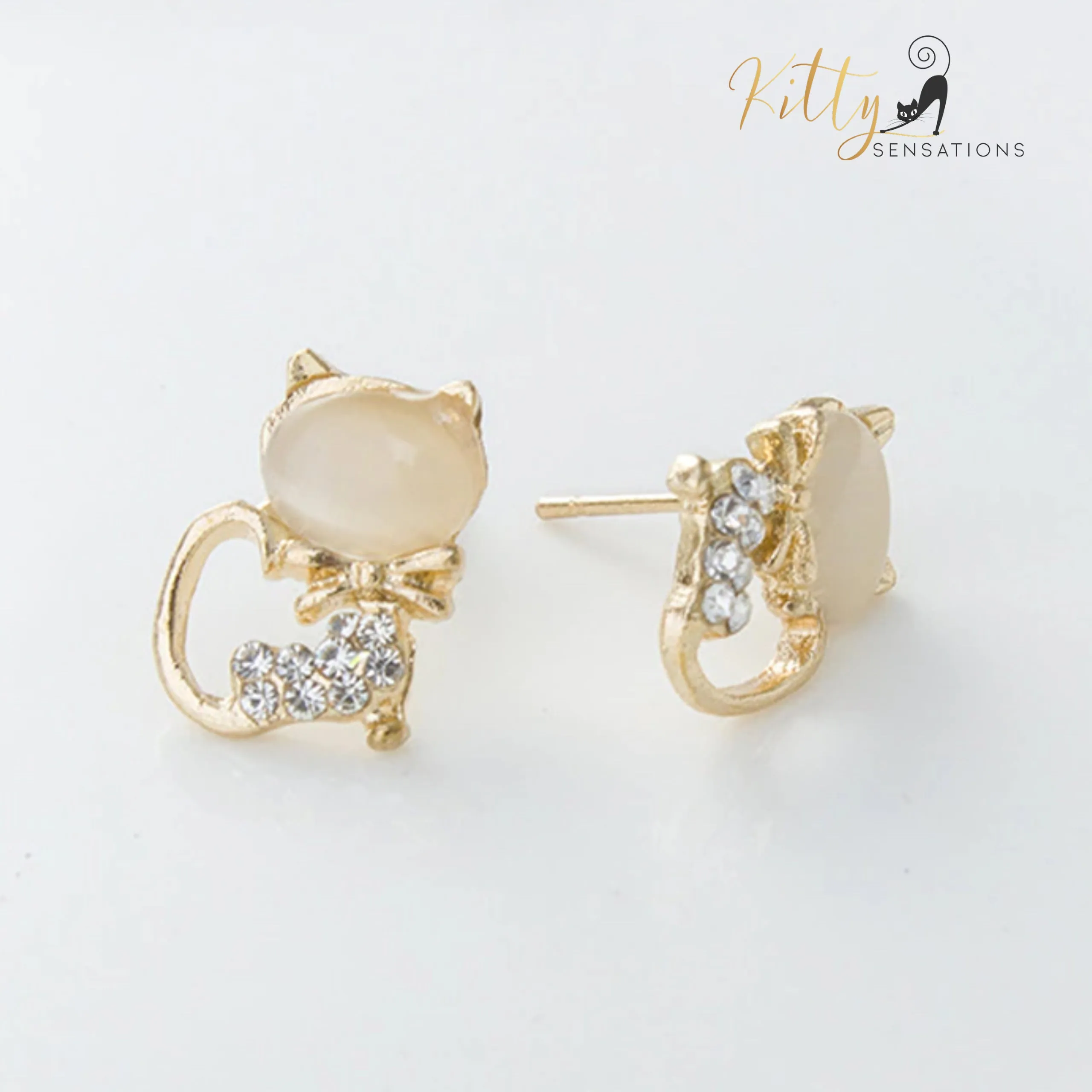 Natural Opal Bow Cat CZ Stud Earrings (White or Pink)