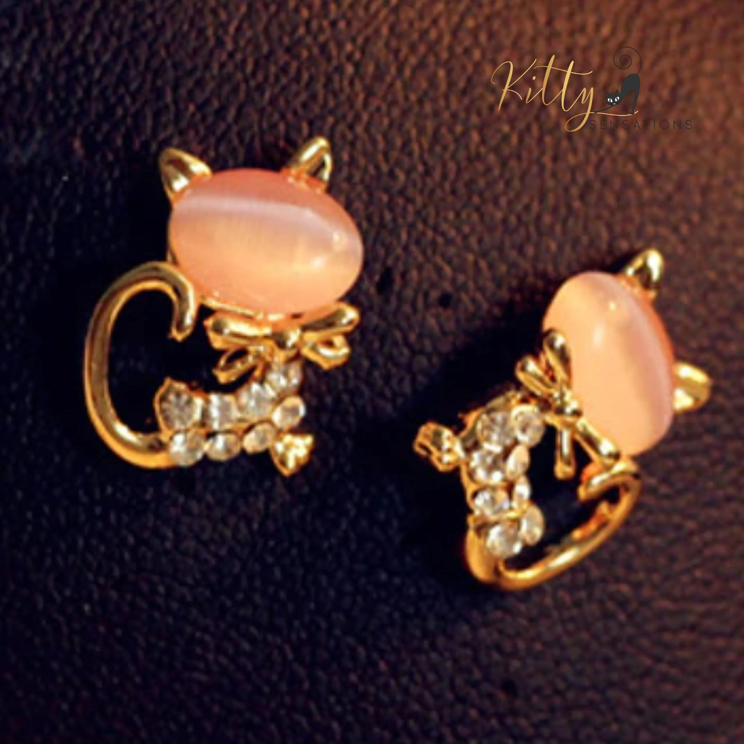 Natural Opal Bow Cat CZ Stud Earrings (White or Pink)