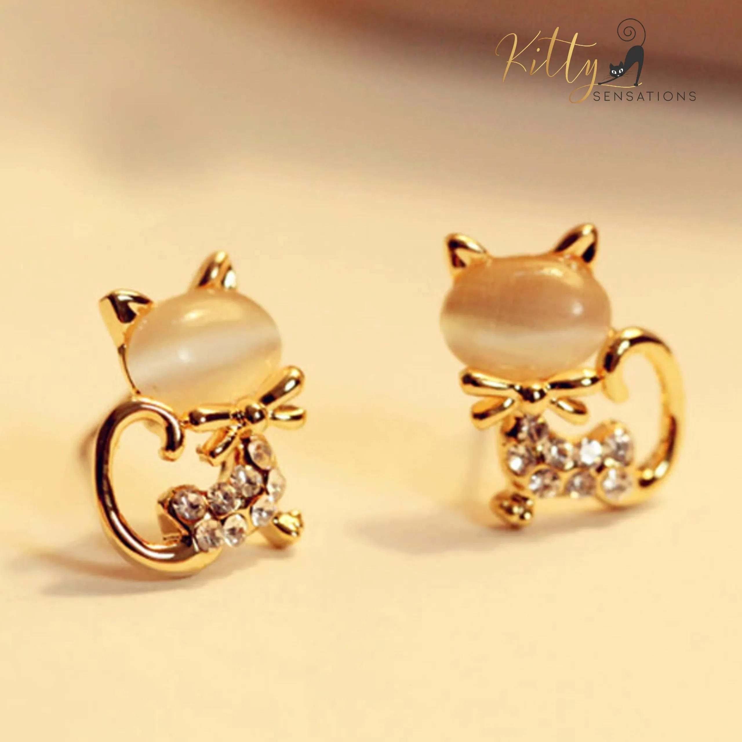 Natural Opal Bow Cat CZ Stud Earrings (White or Pink)