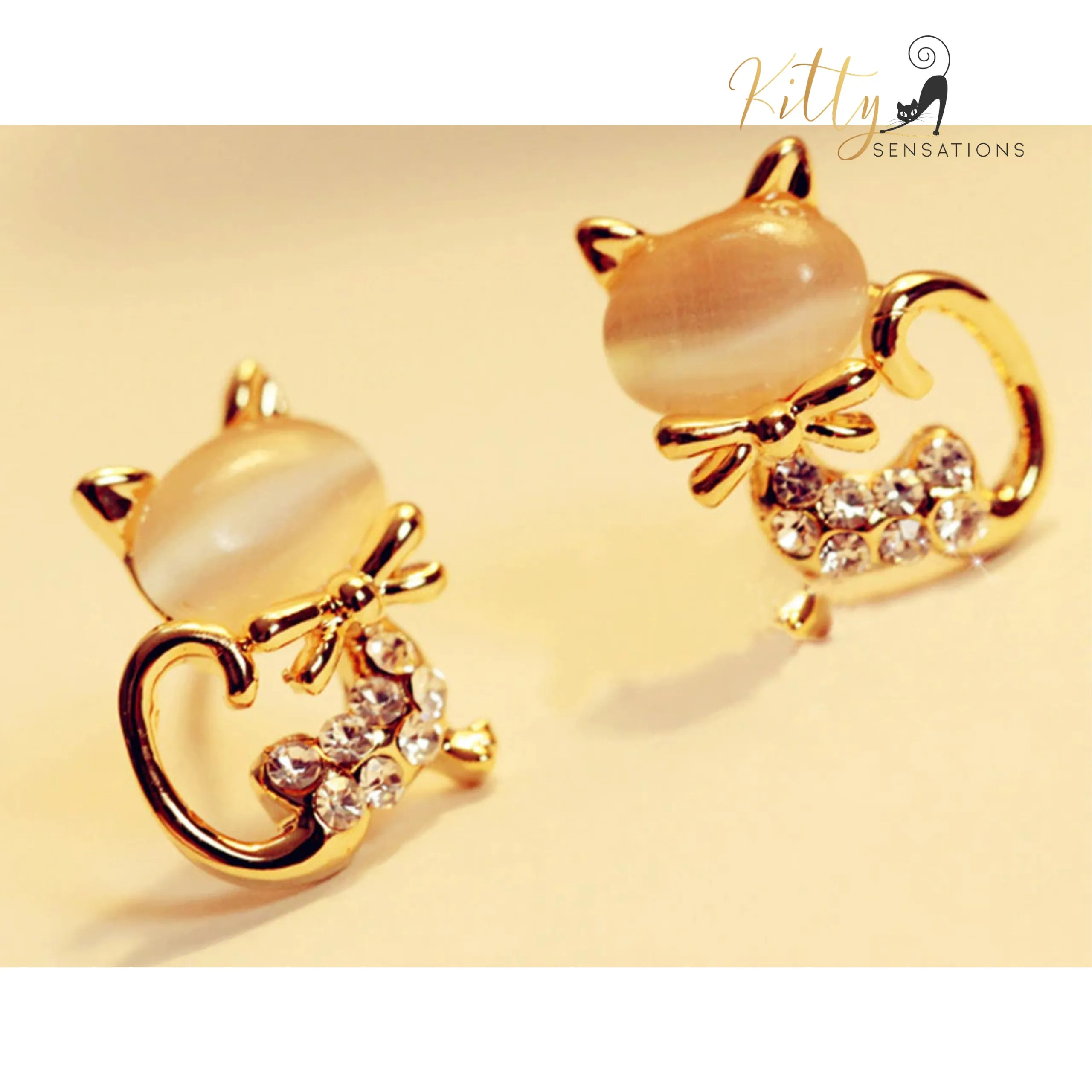 Natural Opal Bow Cat CZ Stud Earrings (White or Pink)