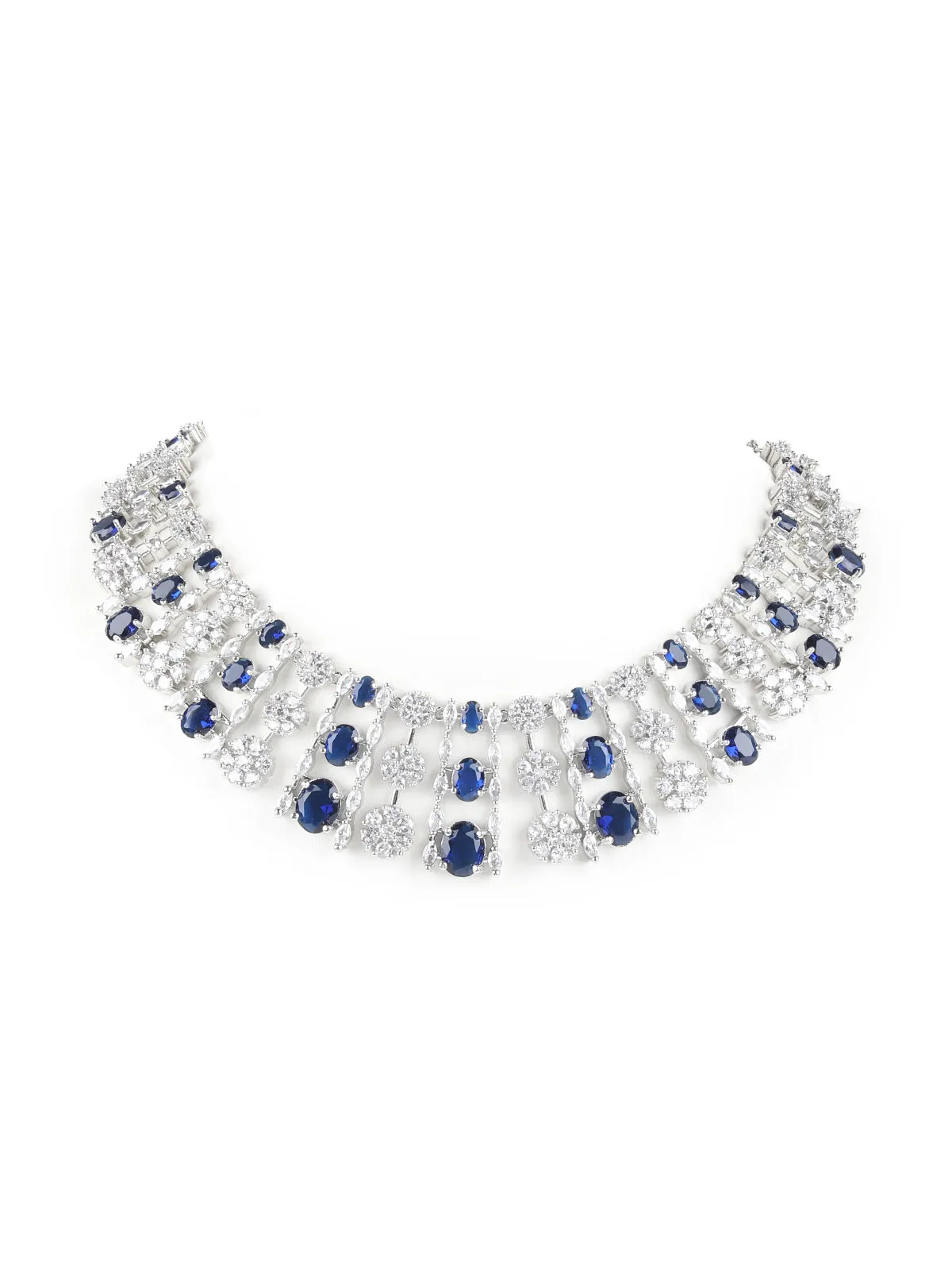 Odette Silver And Blue Choker Neck Piece Set For Women