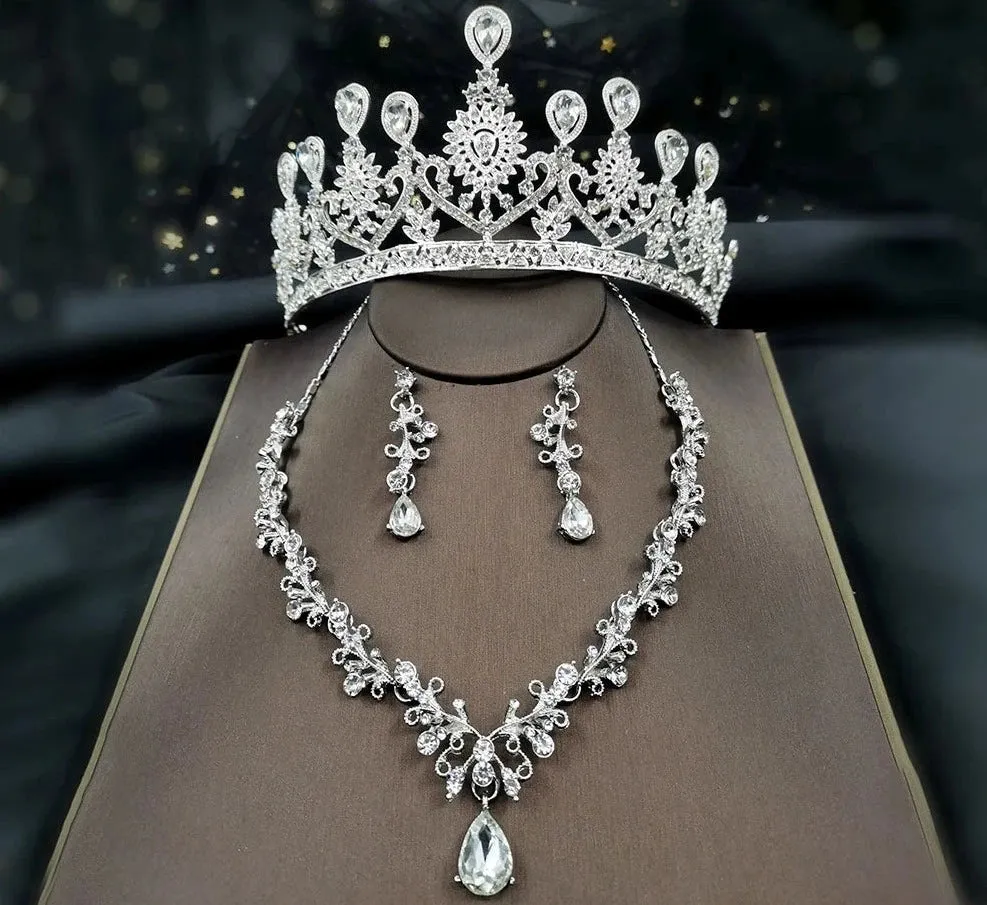 Party Necklace Earrings Tiara Crown Crystal Rhinestone  Jewelry Sets