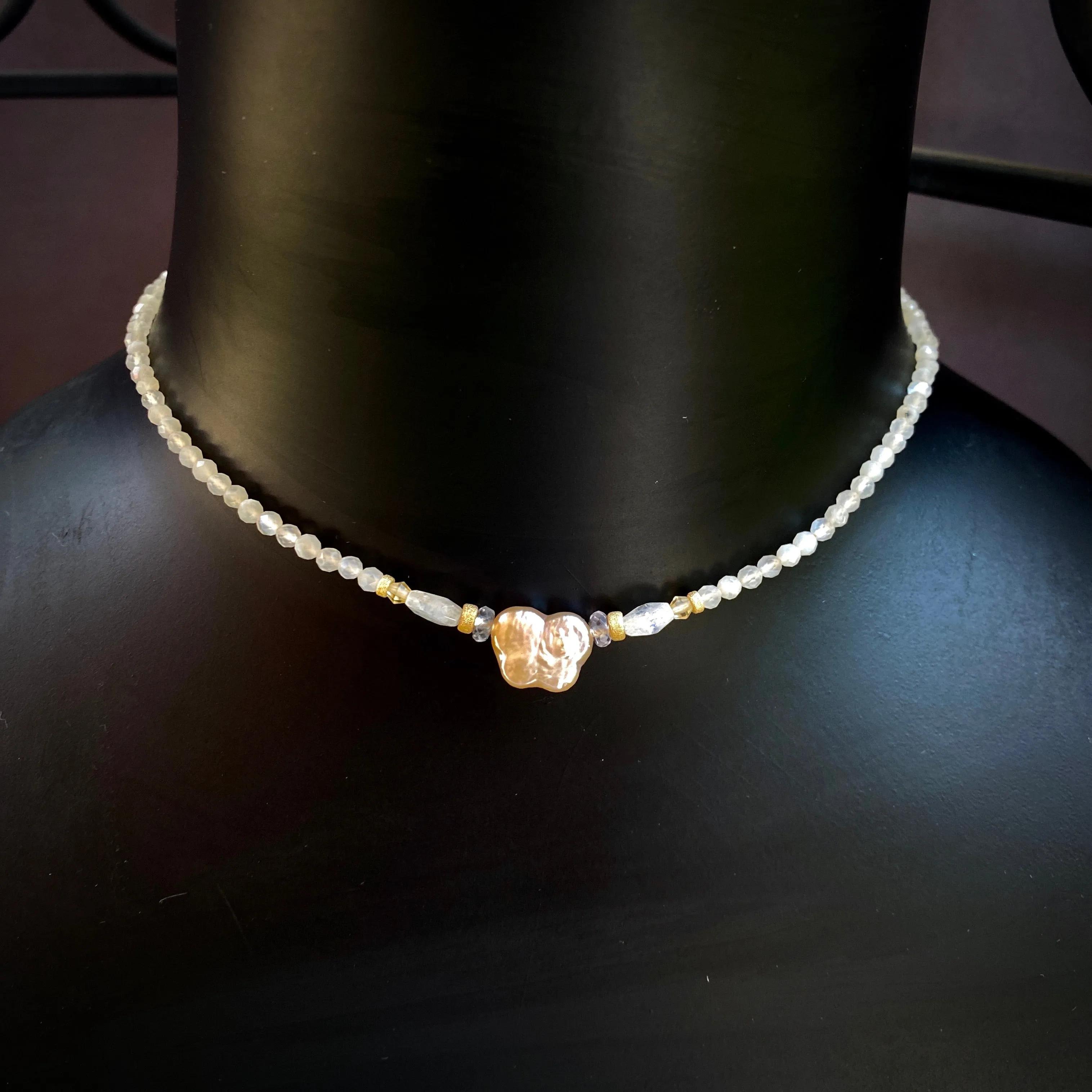 Pearl Butterfly W/ Moonstones and Citrine Gemstones and 14 Kt Gf Choker Necklace