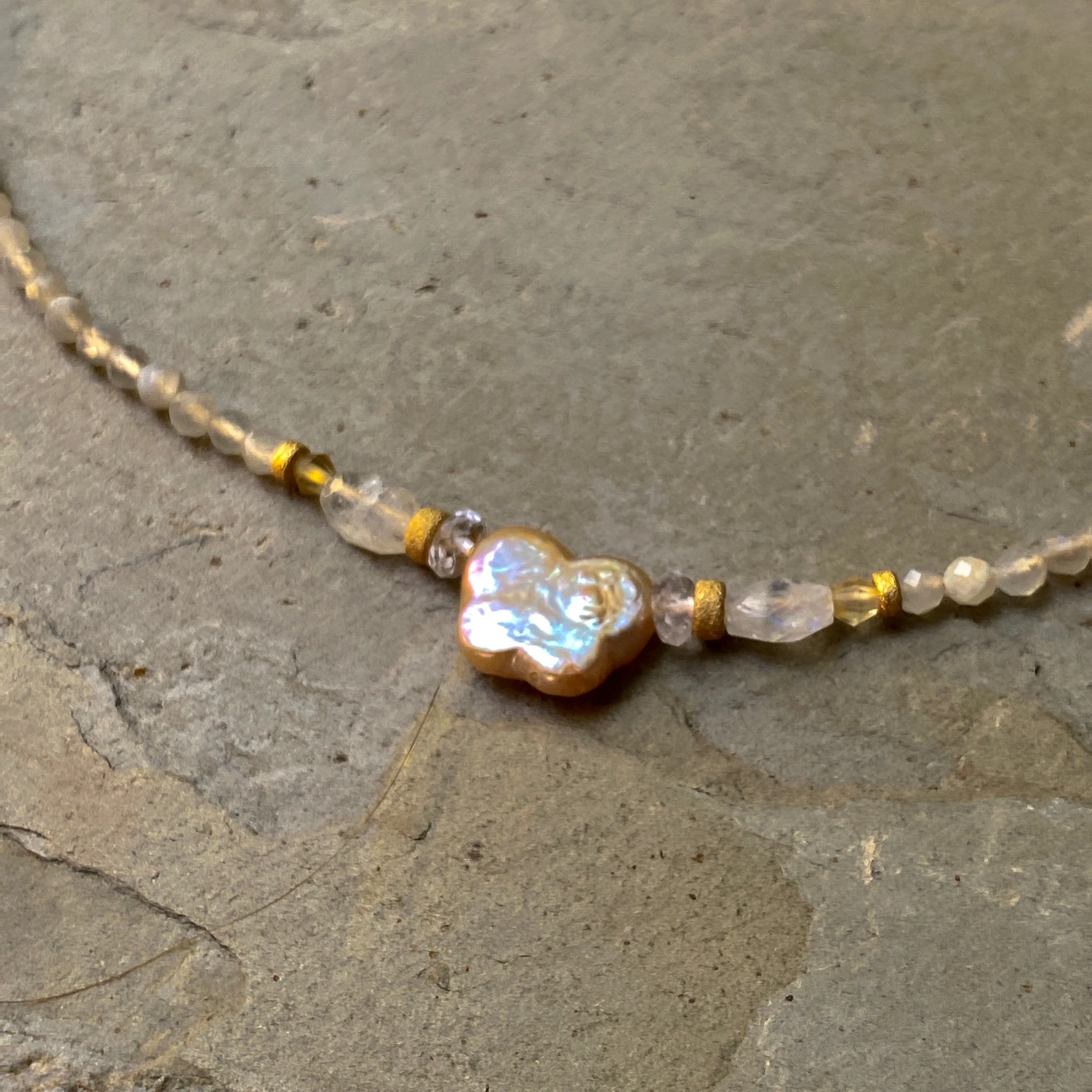 Pearl Butterfly W/ Moonstones and Citrine Gemstones and 14 Kt Gf Choker Necklace