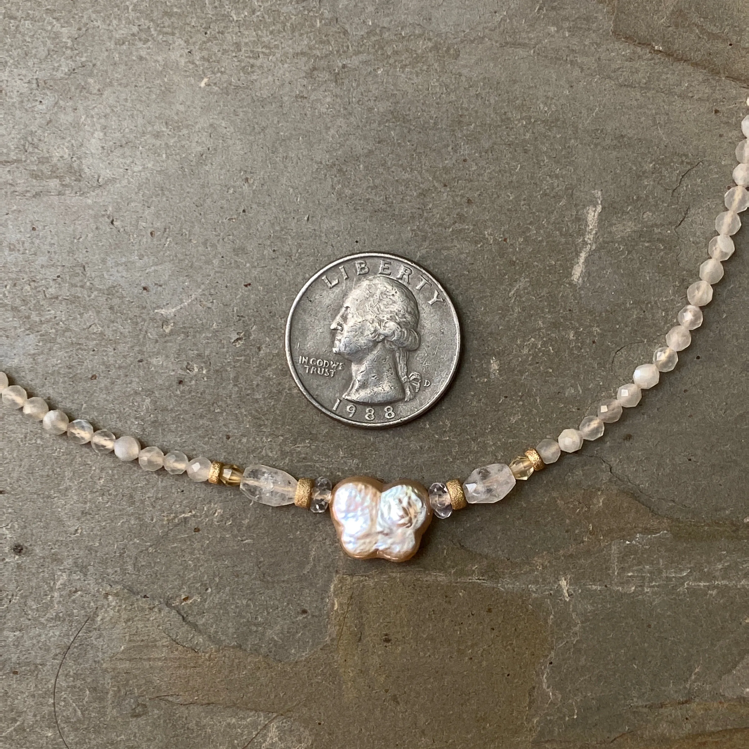 Pearl Butterfly W/ Moonstones and Citrine Gemstones and 14 Kt Gf Choker Necklace