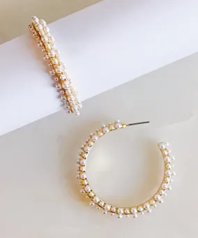 Pearl Deco Hoop Earrings - Gold