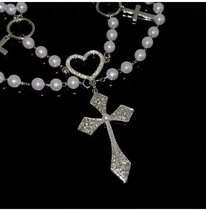 Pearl Studded Diamond Cross Necklace Jewelry Collarbone Chain LJ48