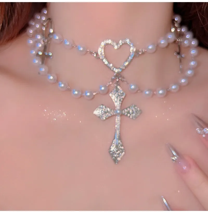 Pearl Studded Diamond Cross Necklace Jewelry Collarbone Chain LJ48