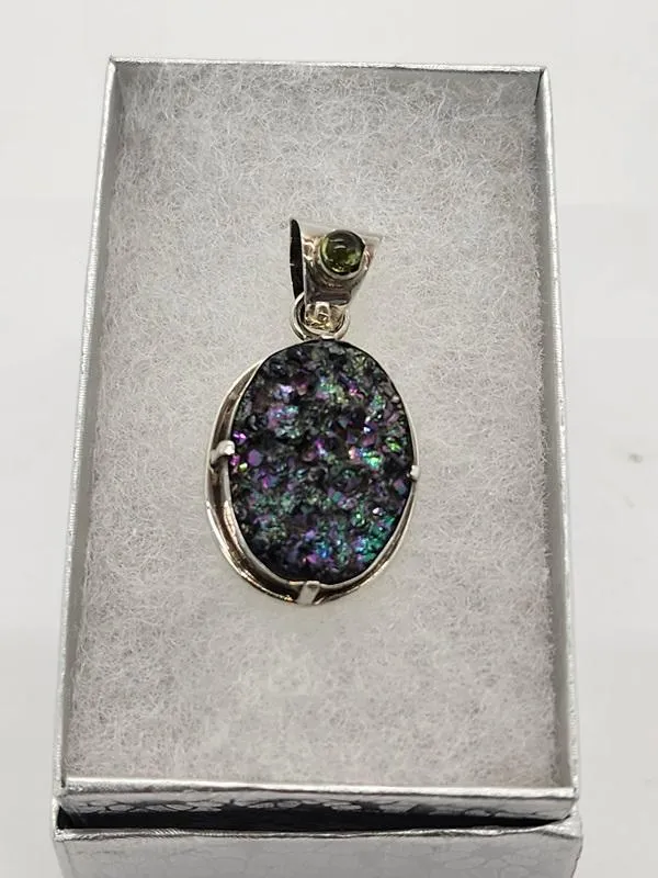 Pendant, Purple Druzy with Peridot inset