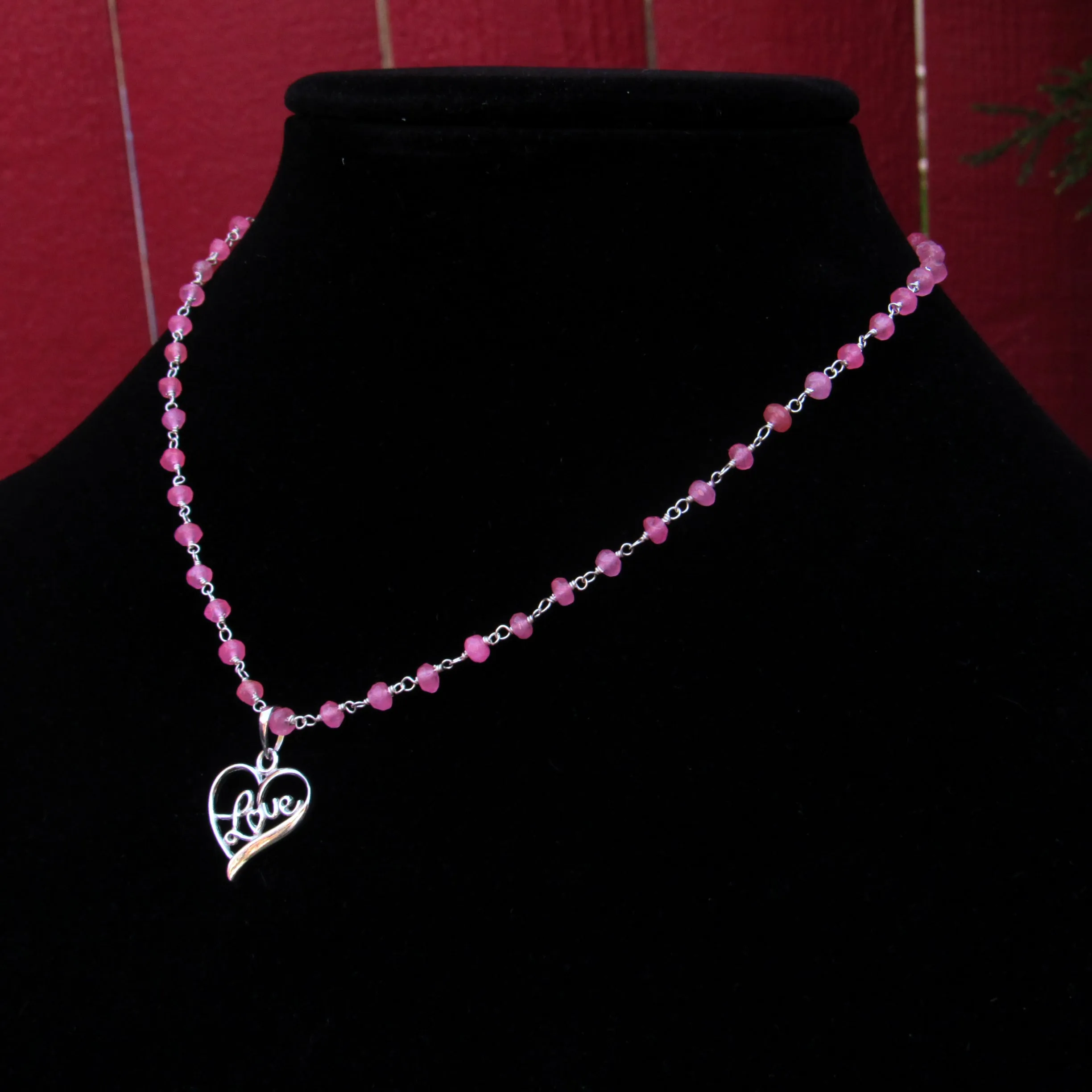 Pink Chalcedony gemstone Silver Heart Love Choker