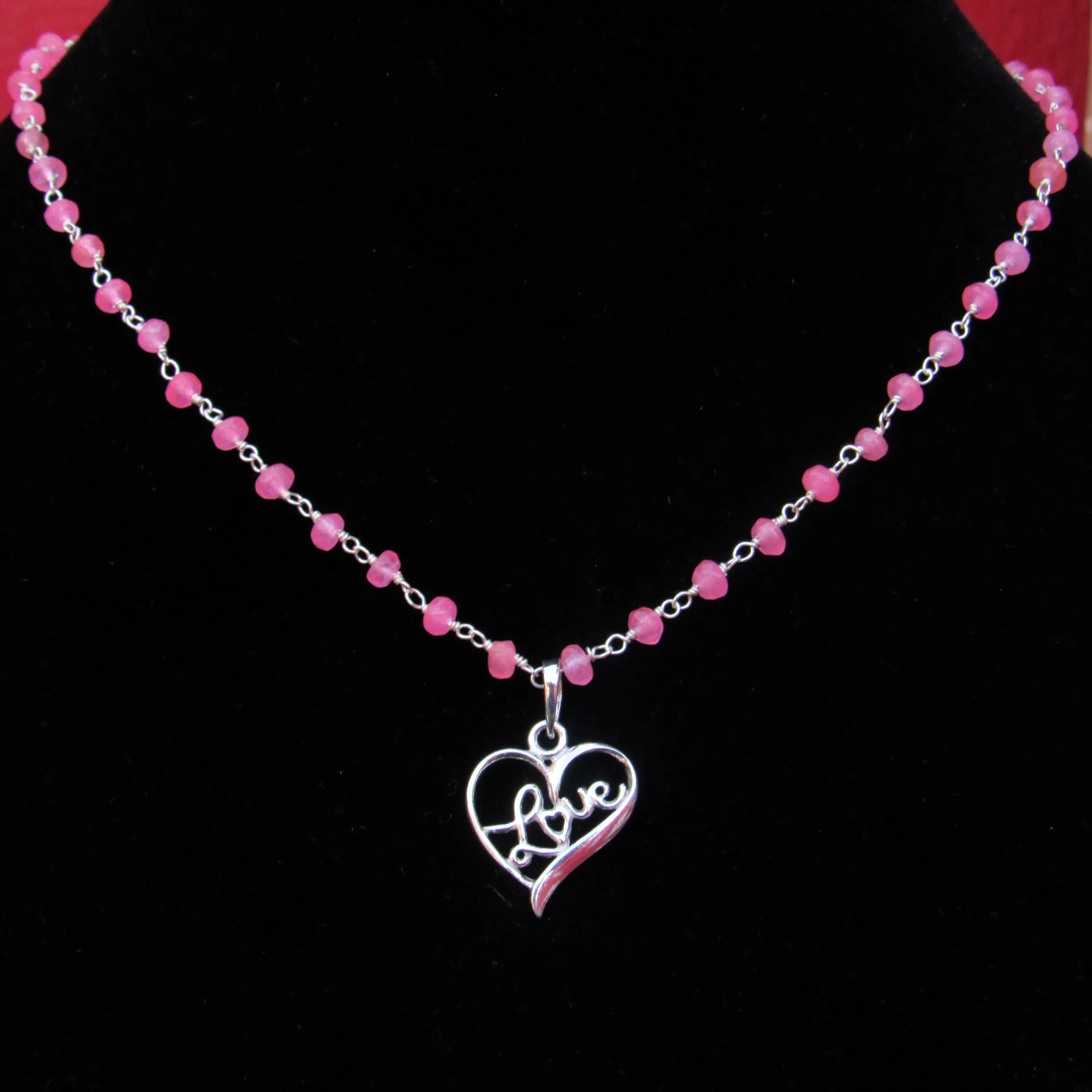 Pink Chalcedony gemstone Silver Heart Love Choker