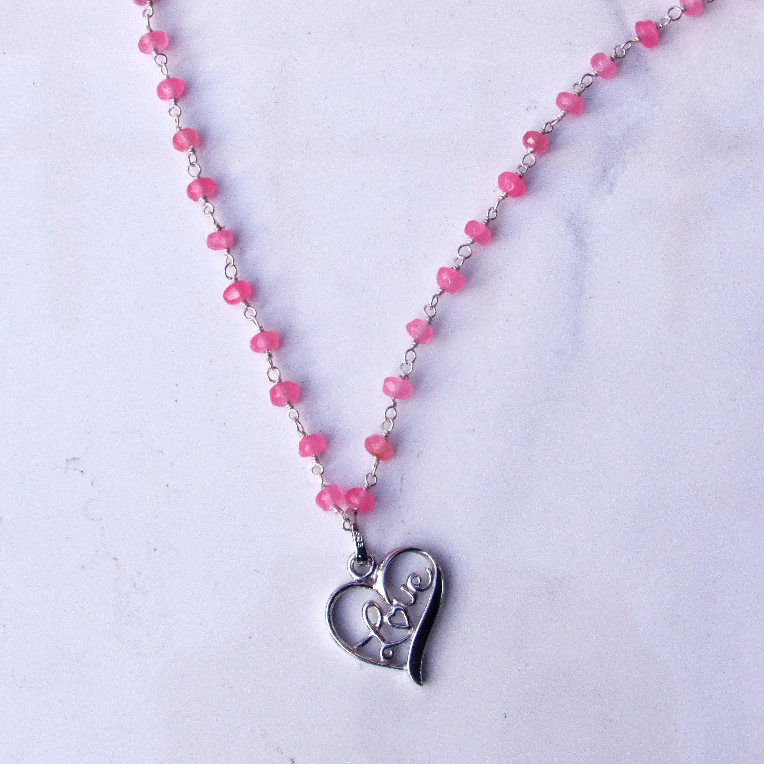 Pink Chalcedony gemstone Silver Heart Love Choker