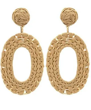 Raffia Braided Oval Earrings - Light Brown