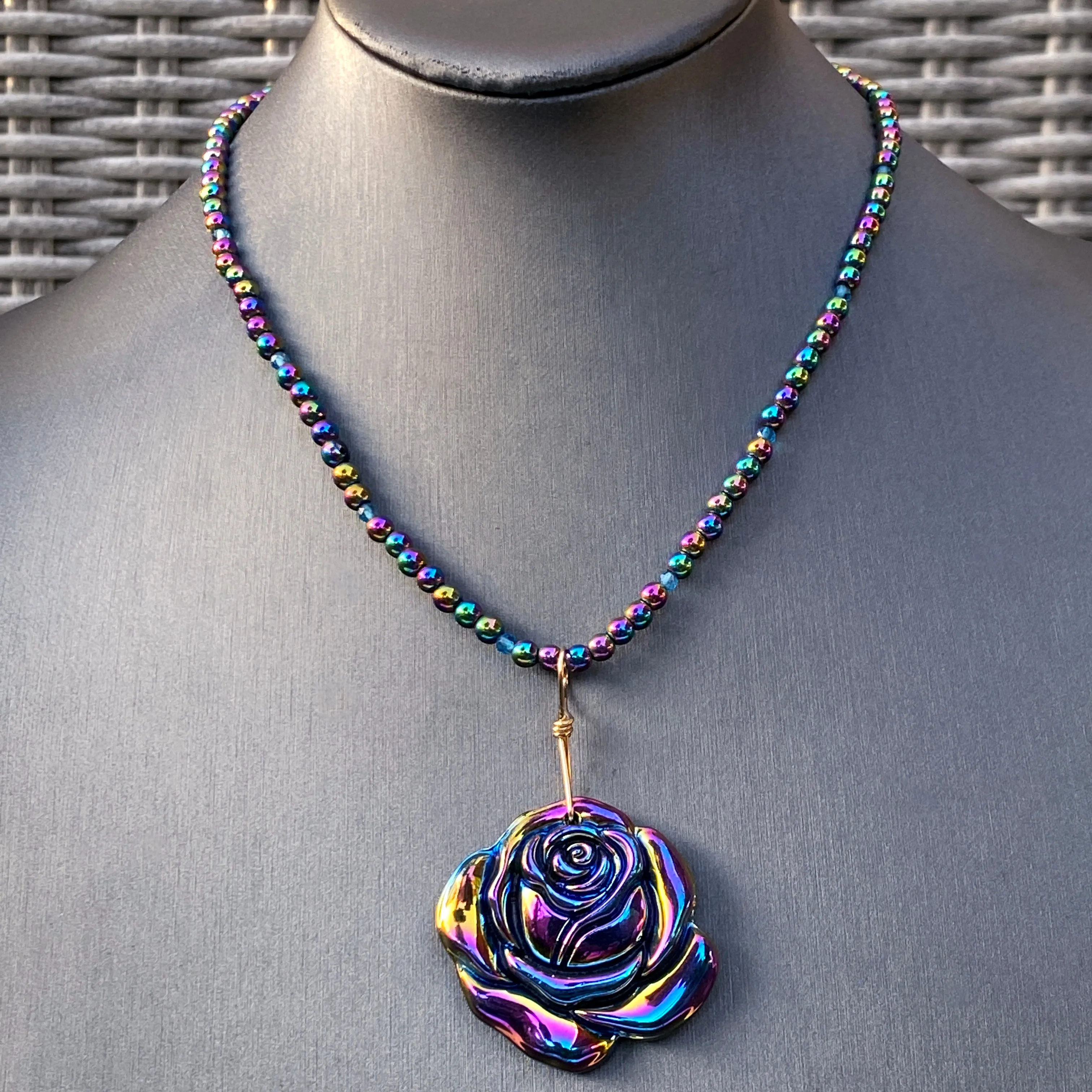 Rainbow Hematite Carved Rose wrapped with Gold Fill Wire on Hematite Gemstone Beaded Necklace