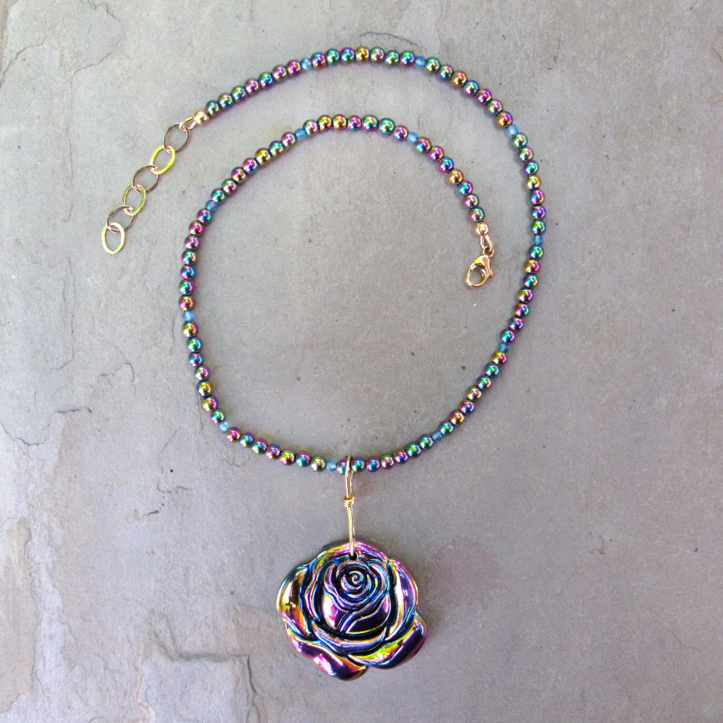 Rainbow Hematite Carved Rose wrapped with Gold Fill Wire on Hematite Gemstone Beaded Necklace