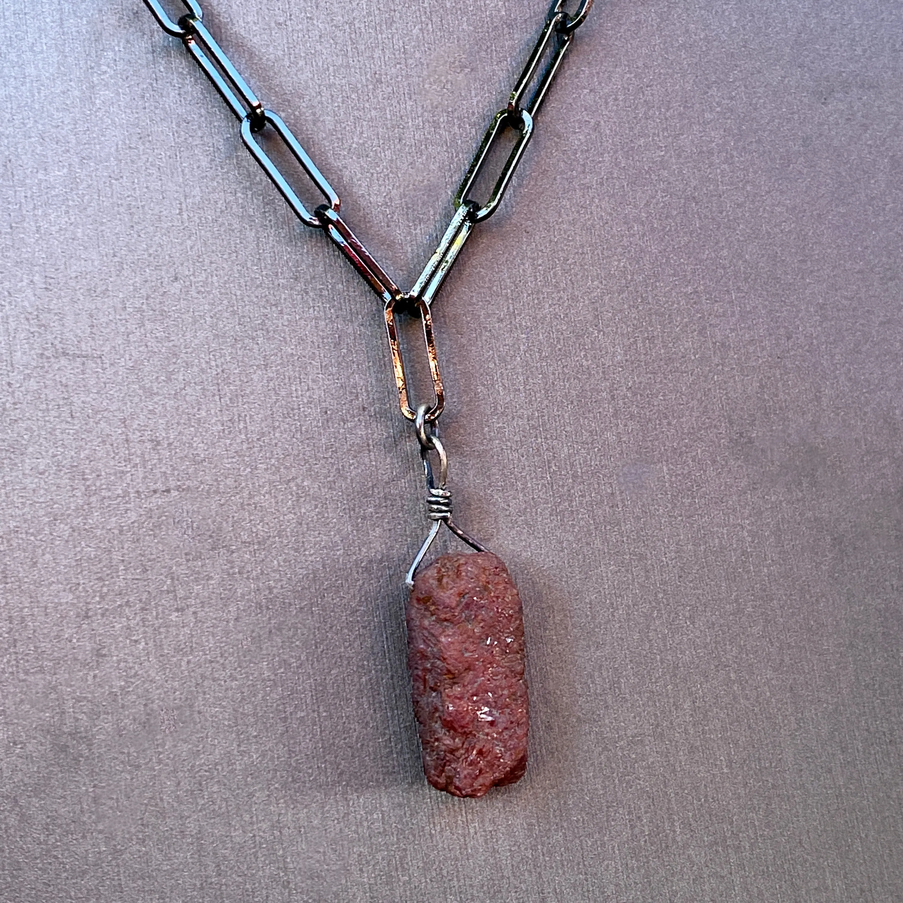 Raw Ruby gemstone Necklace on Black Gold fill Chain