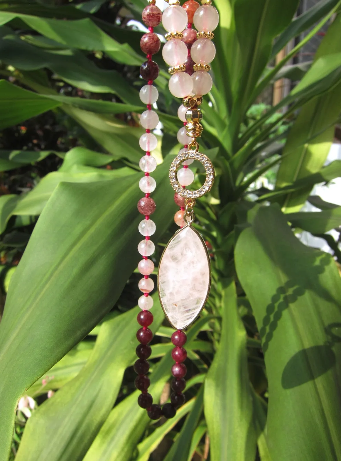 Red Hematoid Quartz, Pink Rose Quartz Pendant Necklace