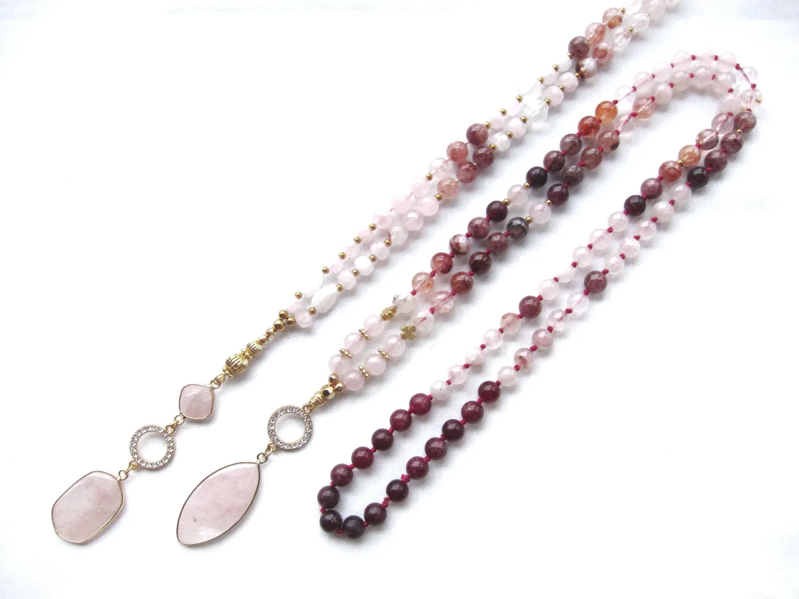 Red Hematoid Quartz, Pink Rose Quartz Pendant Necklace