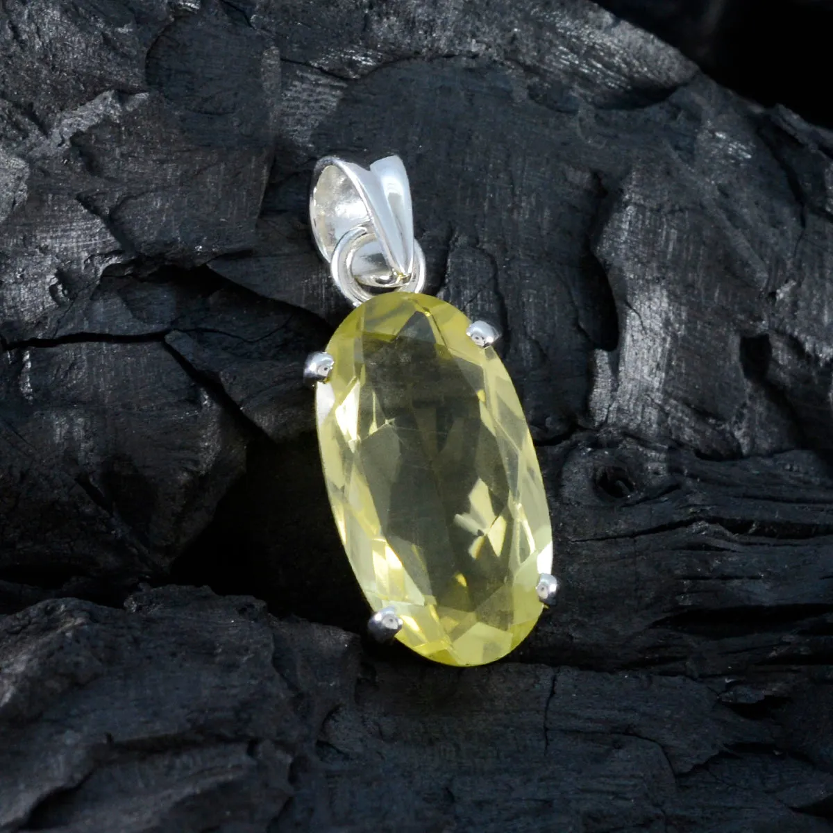 Riyo Bewitching Gems Oval Faceted Yellow Lemon Quartz Solid Silver Pendant Gift For Easter Sunday