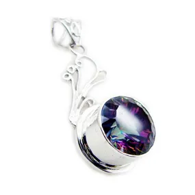 Riyo Easy Gems Round Faceted Multi Color Mystic Quartz Solid Silver Pendant Gift For Anniversary