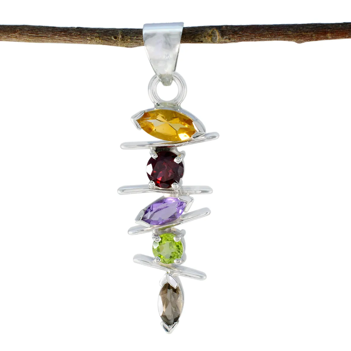 Riyo Genuine Gems Multi Faceted Multi Color Multi Stone Silver Pendant Gift For Wife