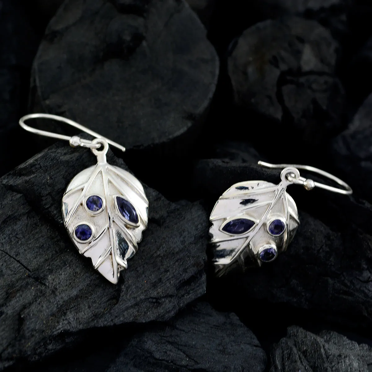 Riyo Genuine Gems multi shape Faceted Nevy Blue Iolite Silver Earring gift for grandmom