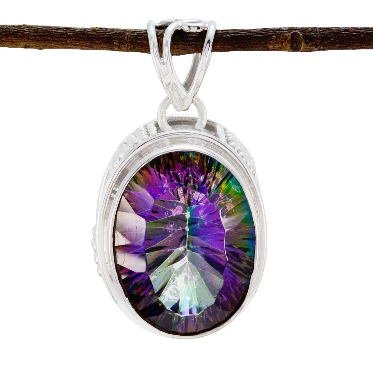 Riyo Genuine Gems Oval Faceted Multi Color Mystic Quartz 925 Silver Pendant gift for labour day